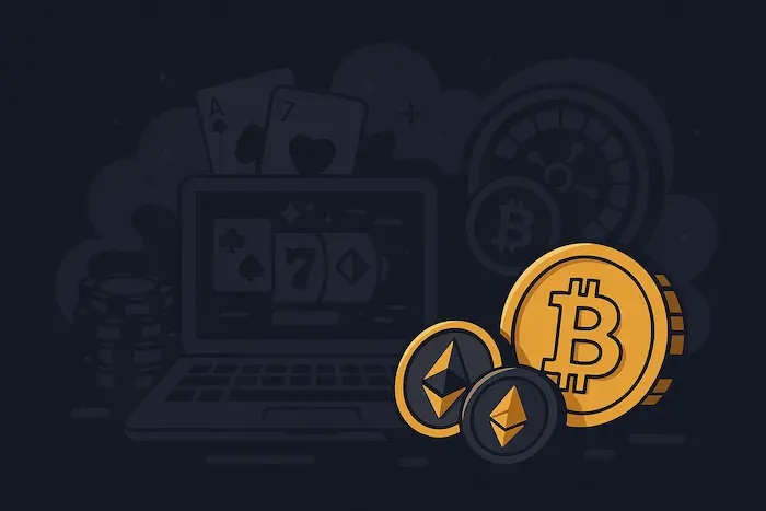 Flat dark-themed illustration of Bitcoin and Ethereum coins with online casino elements like poker chips, slot machine, and roulette wheel, representing best crypto casinos for US players