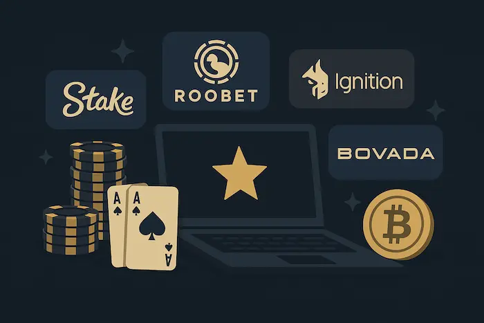 Dark neon-style illustration featuring logos of popular US crypto casinos Stake, Roobet, Bovada, and Ignition, with glowing poker chips on a dark background