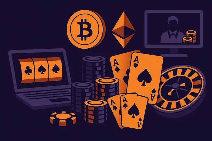 Flat dark-themed illustration showing casino games available at US crypto casinos, including slot machine, roulette wheel, playing cards, poker chips, sportsbook basketball, and live dealer silhouette